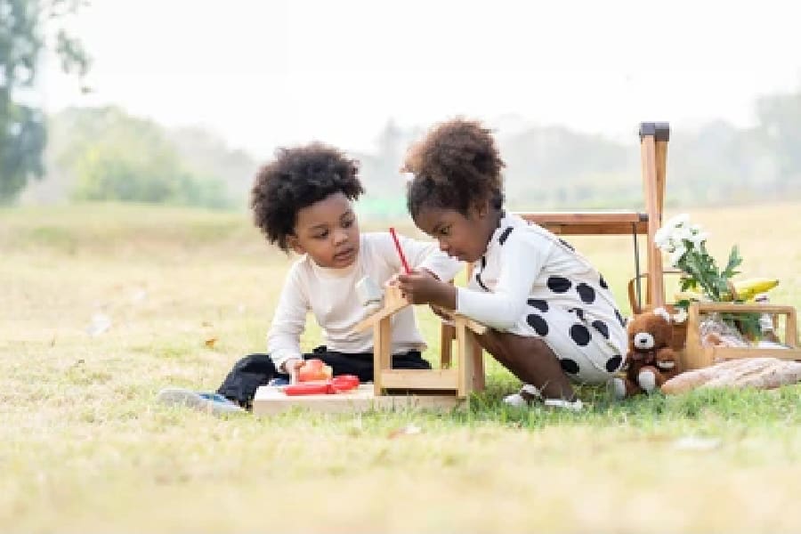 two young african american children building a birdhouse outside